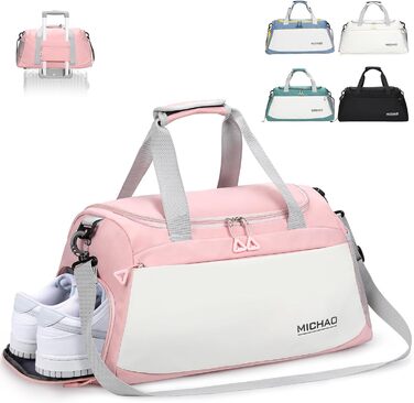 Спортивна сумка-рюкзак для подорожей: велика, водонепроникна, з відділенням для взуття та мокрих речей, для жінок та чоловіків (білий+рожевий)
