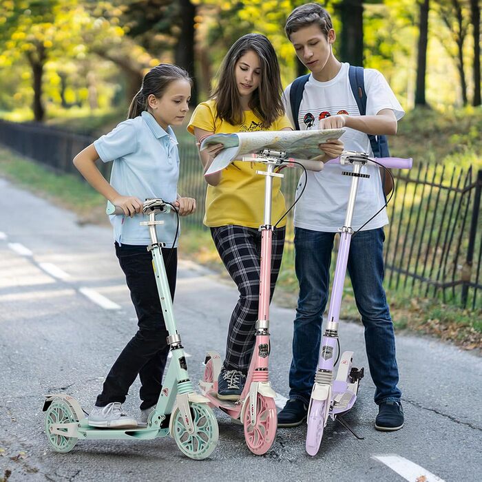 Самокат трюковий Kickscooter LED-ліловий, колеса 200мм, для дітей 8-12 років та дорослих, з дисковими гальмами та подвійною амортизацією, складаний, з ременем для перенесення