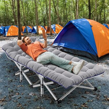 Розкладне кемпінгове ліжко MOPHOTO з матом – до 200 кг, 190x71x36 см, широке, для відпочинку на природі, сіре