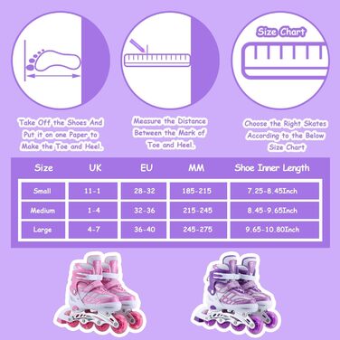 Дитячі ролики Kinder для дівчаток, регульовані, 4 розміри, світлові колеса, EU32-36, фіолетові