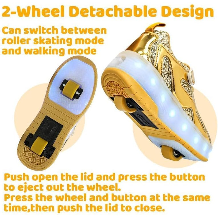 Роликові черевики для дітей з LED-підсвіткою, білі, регульовані, для занять спортом на відкритому повітрі (35 EU, Gold)