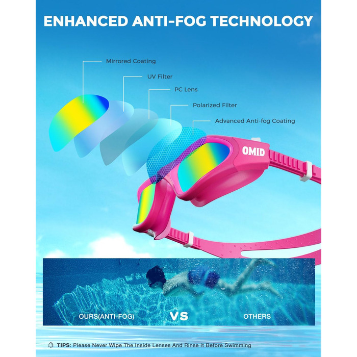 Дитячі окуляри для плавання OMID P2mini з поляризацією, комфортні для дітей 6-14 років (P2MINI-Rose-Gold)