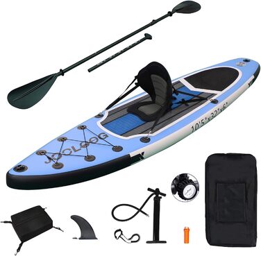 Надувний SUP Board JOOLOOG Stand Up Paddle Board 300кг, 6 дюймів товщини, з аксесуарами для веслування, для дорослих та підлітків, довжина 10'2/10'5, 320 x 81 x 15 см (зелено-сірий, з синім сидінням та кріпленням для камери)