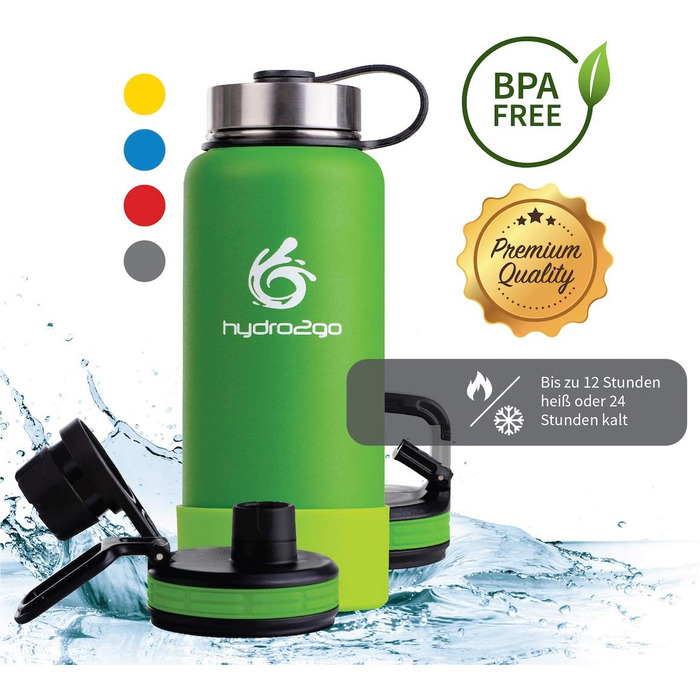 Гідрофляга hydro2go X-AlpsBottle 1 л, нержавіюча сталь, термос, вакуумна ізоляція, 3 кришки, для спорту та туризму, лаймова
