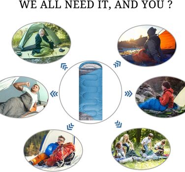 Спальний мішок 3-4 сезони для дорослих та дітей, 86.61''x31.49'', водонепроникний, для кемпінгу та подорожей, блакитно-сірий