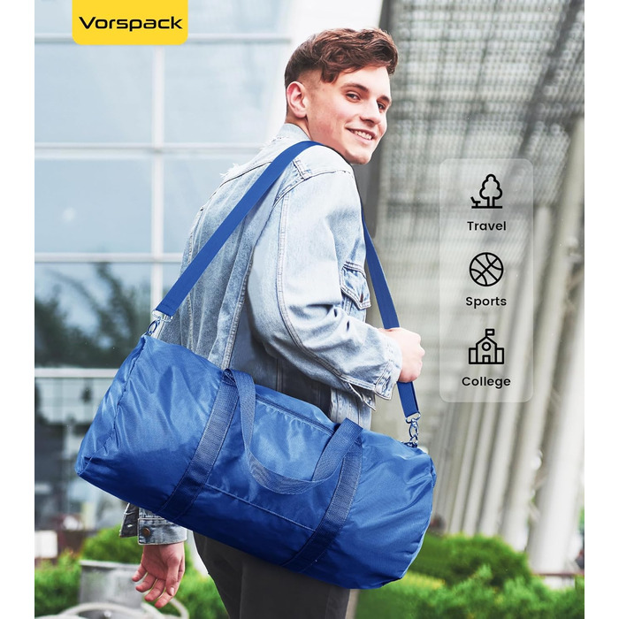 Спортивна сумка Vorspack для чоловіків та жінок, складна дорожня сумка для подорожей та спортзалу, водонепроникна сумка-вікенд з внутрішньою кишенєю, синя, 61 см (24 дюйми)