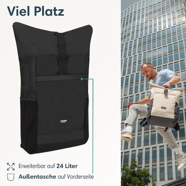 Рюкзак LARKSON Rolltop для чоловіків і жінок, чорний, великий, для школи, університету, велосипеда, 16-дюймове відділення для ноутбука, водовідштовхувальний, антивикрадальний, екологічний
