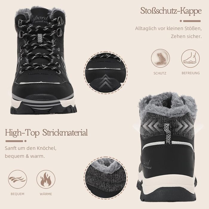 Зимові черевики для жінок: теплі трекінгові черевики, черевики для снігу, розмір 36-41 (чорний з білими лініями, 39 EU)