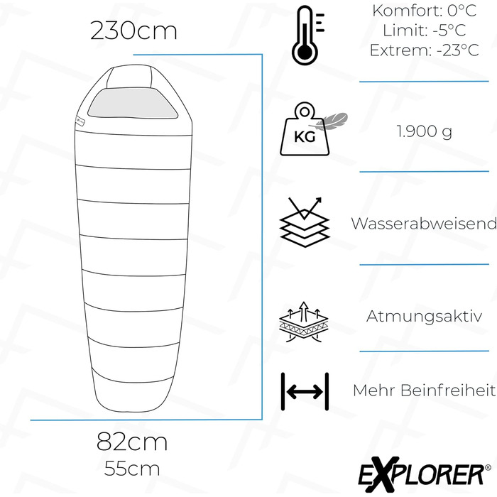 Сплячий мішок EXPLORER® Grönewald -23°C, 3-4 сезони, зимовий, для дорослих, 230x82x55 см, чорний, для кемпінгу, трекінгу, подорожей