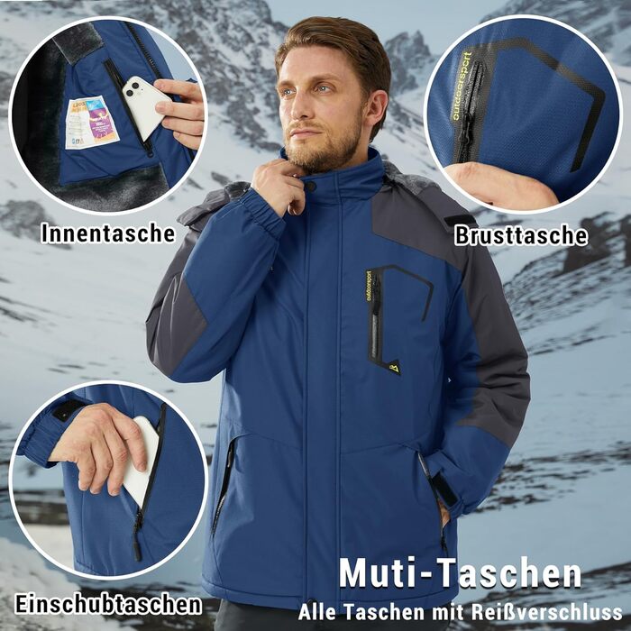 Чоловіча зимова куртка KEFITEVD: водонепроникна, з підкладкою, дихаюча, з капюшоном. Ідеальна для сноуборду та активного відпочинку на відкритому повітрі. Колір: темно-синій