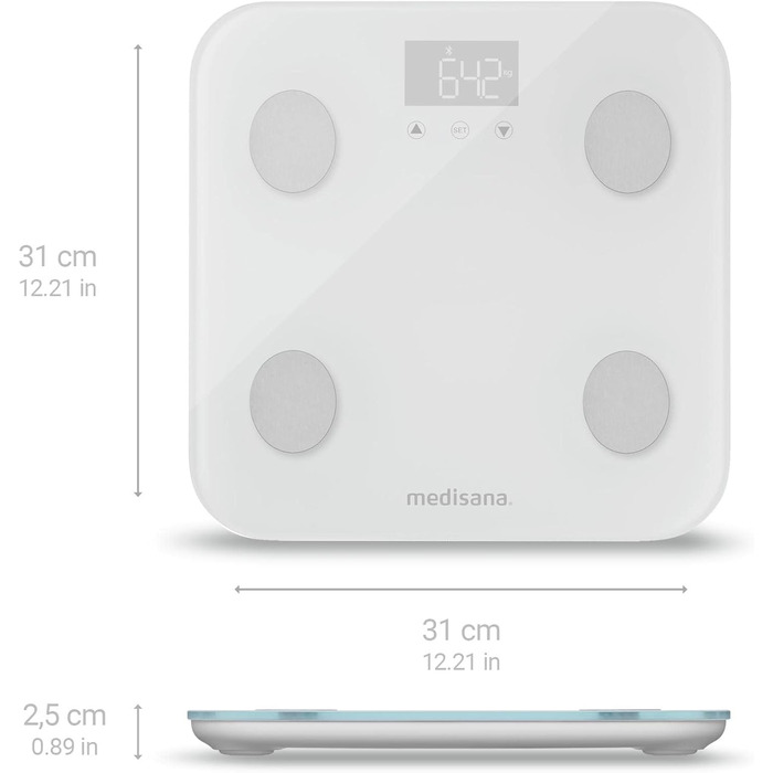Ваги-аналізатор медичні Medisana BS 600 до 180 кг з Wi-Fi/Bluetooth, вимірювання жиру, води, м’язів, кісткової маси, додаток VitaDock+, електроди з нержавіючої сталі