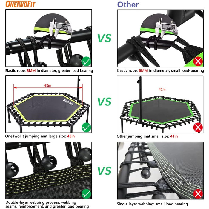Міні-батут ONETWOFIT 122 см для занять спортом вдома та на вулиці, з регульованою ручкою, фітнес-батут, кардіотренування, зелений