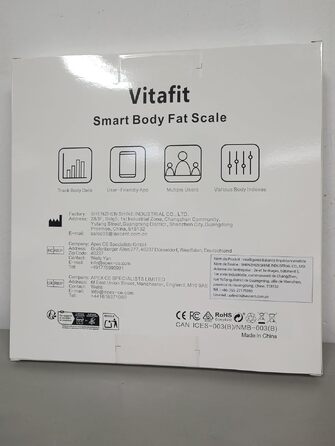 Розумні електронні ваги Vitafit з Bluetooth та APP: аналізатор складу тіла (жир, BMI, м'язова маса), до 182 кг, чорні, 28 x 28 см