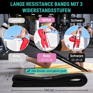 Набір з 3 еластичних стрічок опору – неслизькі, приємні до шкіри та еластичні – Стрічки опору для нарощування м'язів, йоги, пілатесу та тренувань всього тіла – можна прати, довговічні та з сумкою для перенесення. Довгі фітнес-стрічки (Сірий – Рожевий – Чо