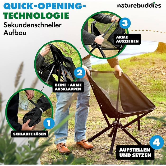 Крісло для кемпінгу Nature Buddies® Faltbar: Легке, компактне, розкладне, до 150 кг | Стільці для риболовлі, відпочинку на природі, фестивалів, туризму | Чорний