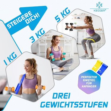 Набір гантелей KESSER® 18 кг з підставкою, 3 пари (1-5 кг), неслизьке неопренове покриття, з інструкцією та фітнес-гумками