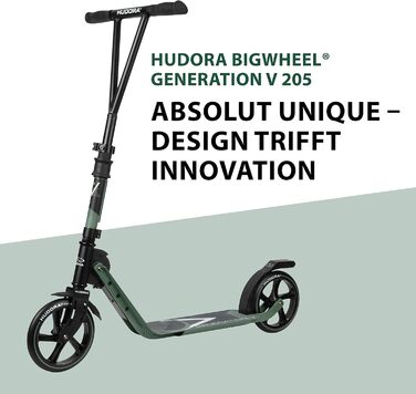 Дитячий та підлітковий самокат HUDORA BigWheel Generation V 205, оливковий, легкий складаний самокат із великими колесами та підвищеною плавністю ходу