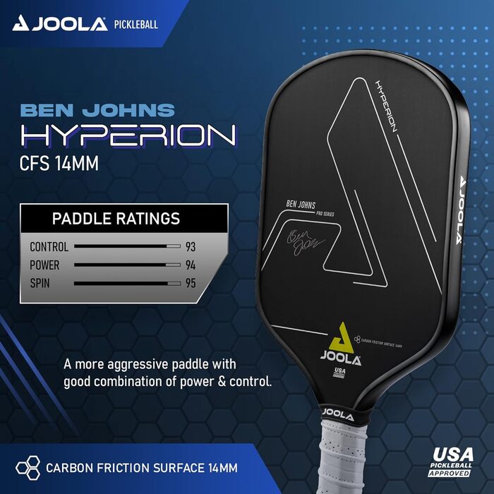 Професійна ракетка для піклболу JOOLA Ben Johns Hyperion Pro, турнірна, поліпропіленовий стільниковий сердечник 16 мм, технологія CFS, чемпіонська поверхня
