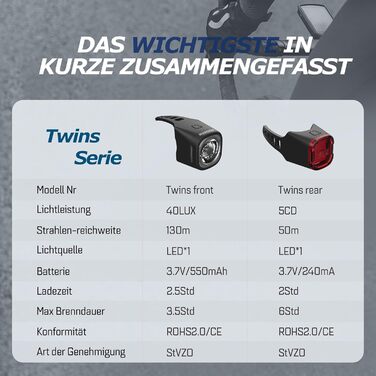 Набір велоліхтарів ADDVIEW, сертифікований StVZO, LED, IP65, водонепроникний - передній + задній ліхтар, USB Type-C, монтаж без інструментів, Twins