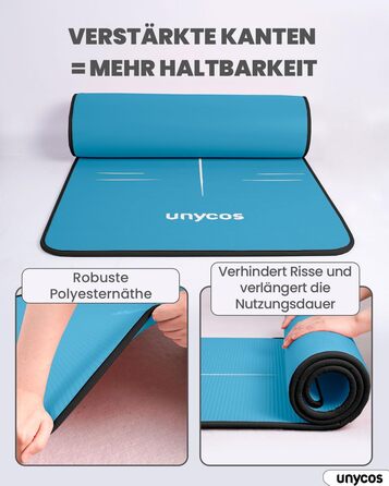 Килимок для йоги Unycos з неслизькою поверхнею | Висока щільність 6/10/15 мм, тренувальний килимок для гімнастики з ременем для перенесення, з електронною книгою. Дружній до шкіри фітнес-килимок для пілатесу, тренувань, спортзалу (#21 Синій + Чорний, 183*