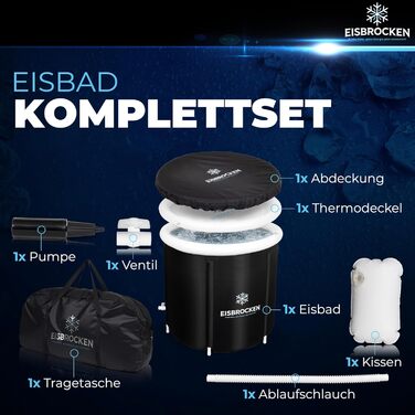 Мобільна крижана ванна Eisbrocken 80 см з кришкою, чорна — льодяна бочка для спорту та відновлення, 5-шарова ізоляція, для релаксації м'язів та покращення кровообігу
