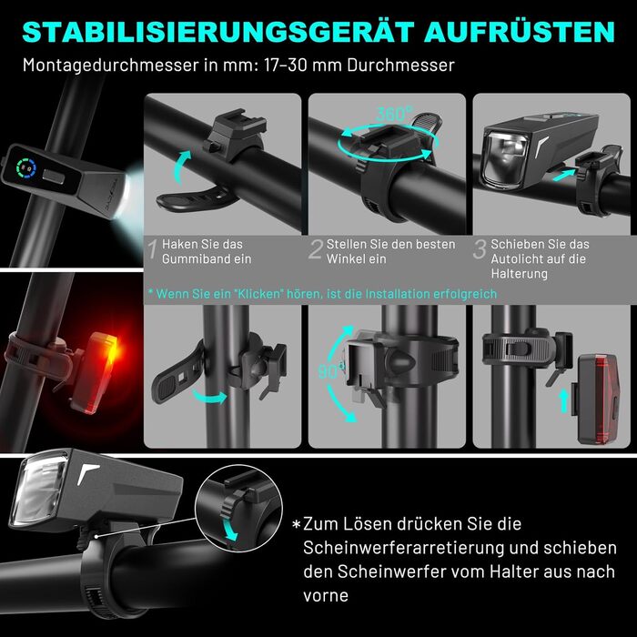 Велофара TECHCYC з датчиком освітлення, LED, до 70 Люкс, StVZO, USB, IPX6, 2500 mAh (передня) & 300 mAh (задня)