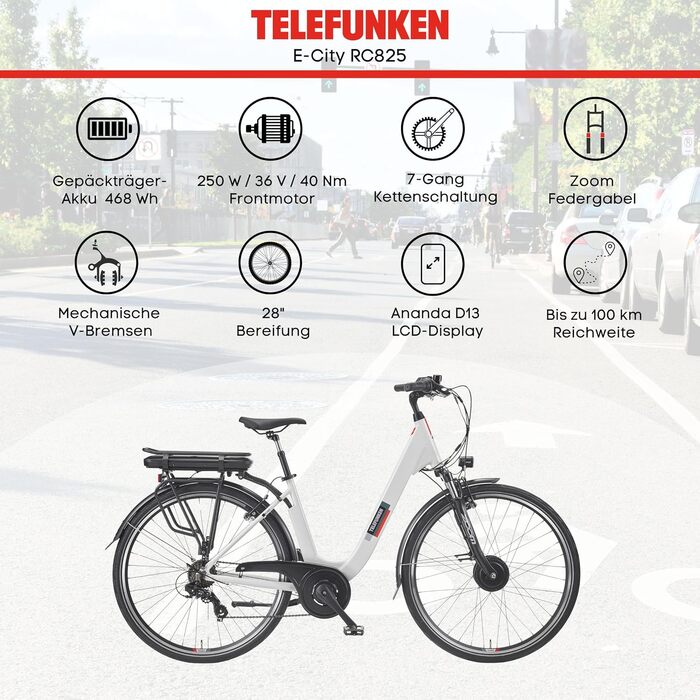 Електровелосипед TELEFUNKEN RC825 28'' для жінок і чоловіків, міський, 250 Вт, 468 Вт·год, 7 швидкостей, запас ходу 100 км, передній мотор, літій-іонний акумулятор, дорожній сертифікат