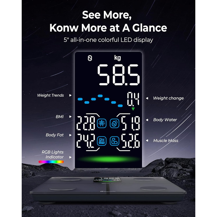 Ваги Ovutek для людей, цифрові ваги з аналізом складу тіла, 180 кг, дисплей, BMI, жир, м'язи, вода, 14 показників, фітнес-додаток, чорний