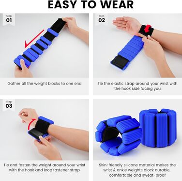 Ваги для ніг та рук, регульовані | Набір 2 шт (1 кг пара, 0,5 кг кожний) | Силіконові ваги на зап'ястя для жінок | Йога, пілатес, танець, балет, біг, плавання, кардіо (блакитні)