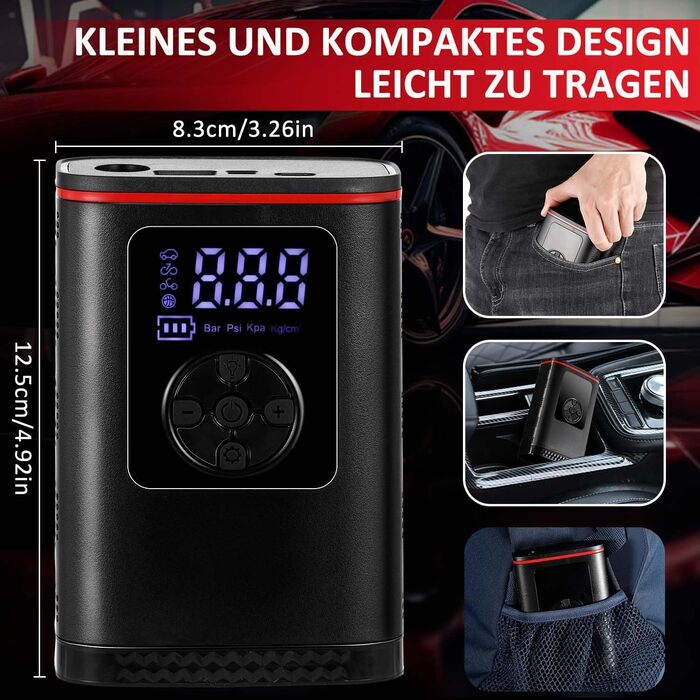 Hancaner електричний компресор-насос 6000mAh, 150 PSI, з великим дисплеєм і ліхтарем для авто, мотоцикла, велосипеда, м'ячів, 50 см шланг