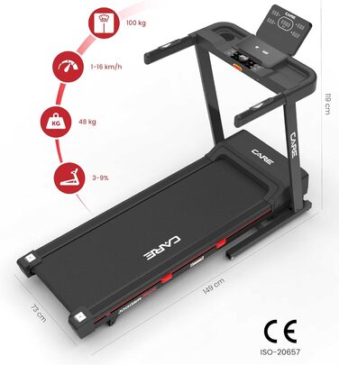 Бігове обладнання Care Fitness Jogger Max: LED-дисплей, 28 програм, 16 км/год, ручна нахил, тихий мотор