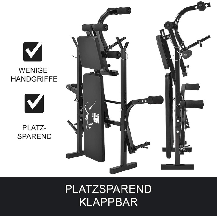 ArtSport Hantelbank Set ProfiGym 1000: 3in1 (60 кг) - Розкладна тренажерна лава для силових тренувань, чорна