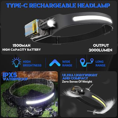 LED налобний ліхтар з перезарядкою, 2000 люменів, 230° кут огляду, регульована головка, сенсор, 9 режимів освітлення з UV лампою, знімний магнітний, легкий, для кемпінгу, бігу, походів, риболовлі, 2 шт.