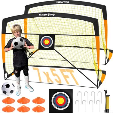 Ворота для футболу Happy Jump Pop-Up - складані для дітей та дорослих | 1 або 2 ворота: 120x90 / 152x110 / 213x152 см | З м'ячем, насосом, конусами та мішенню | Для саду та подарунка