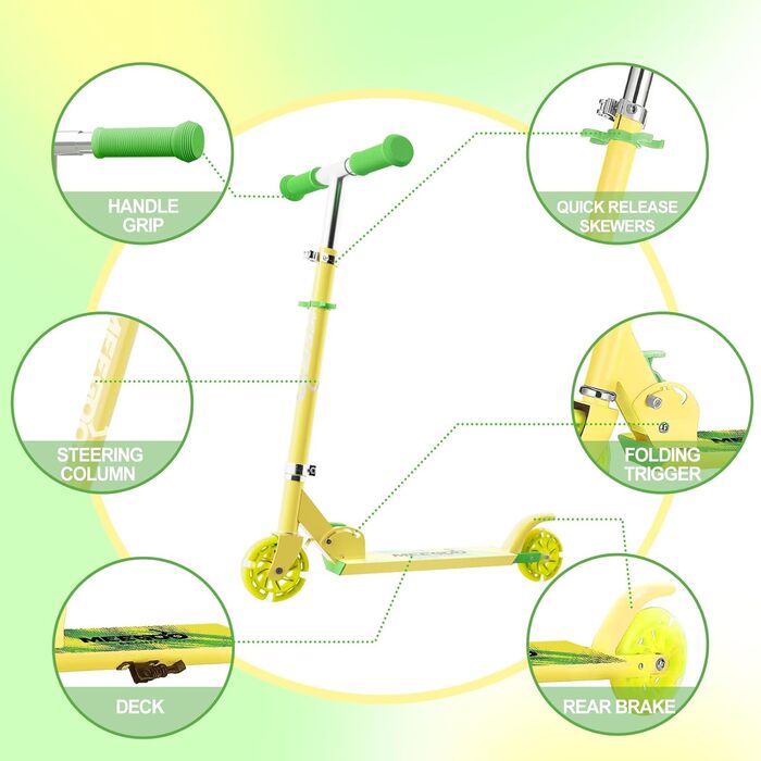 MEE GOO Роликовий самокат для дітей з алюмінію, складний, 3 регульовані висоти, LED колеса, жовтий