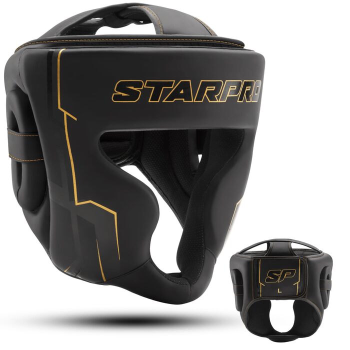 Захист голови для боксу Starpro - преміум-захист для спарингу з повним обличчям, легкий дизайн та оптимальна посадка для максимальної безпеки, чорний/золотий, розмір M