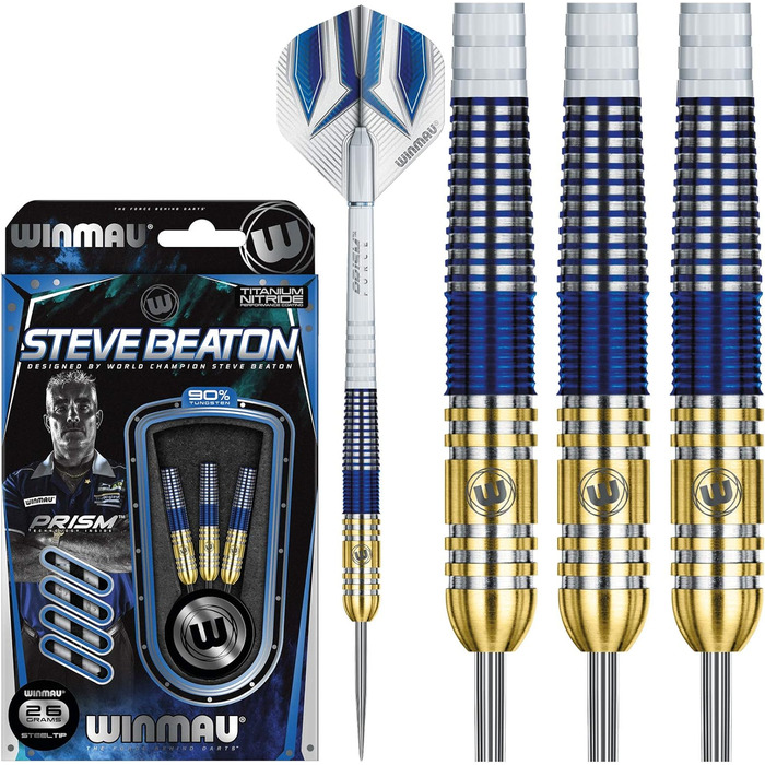 Дротики для дартсу WINMAU Steve Beaton 26 г, професійні, вольфрамові, з сталевим вістрям, набір з оперенням та держателями