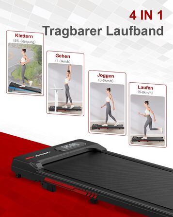 Laufpad Dskeuzeew 4-в-1 з нахилом: біговий килимок з регулюванням кута нахилу до 5% для дому. Максимальне навантаження 130 кг, швидкість 1-8 км/год, безщітковий двигун. Підходить для використання під столом. Чорний колір.