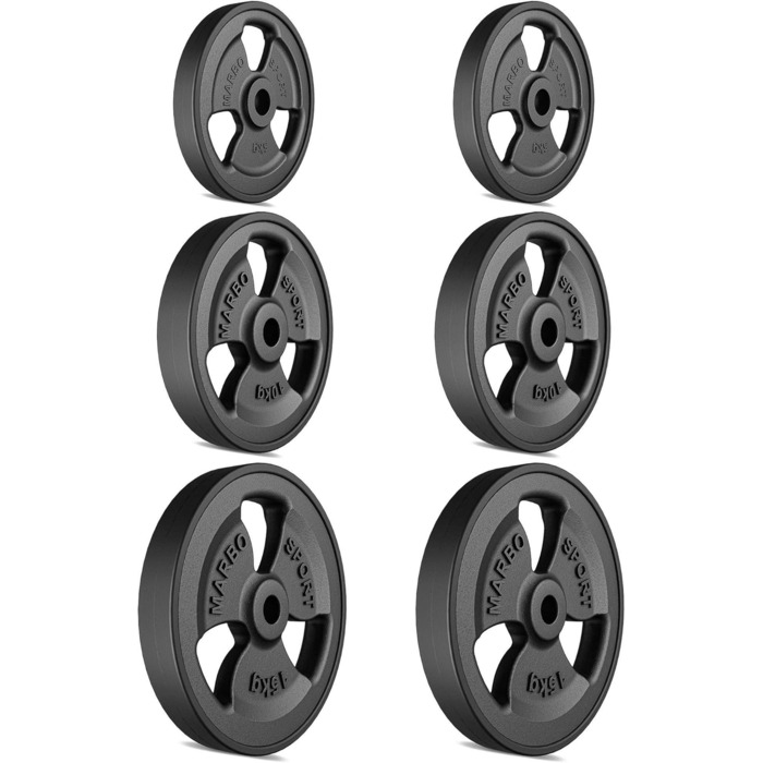 Набір дисків для штанги Marbo Sport Tri-Grip з чавуну з гумовим покриттям, отвір 31 мм, 2x5 кг, 2x10 кг, 2x15 кг