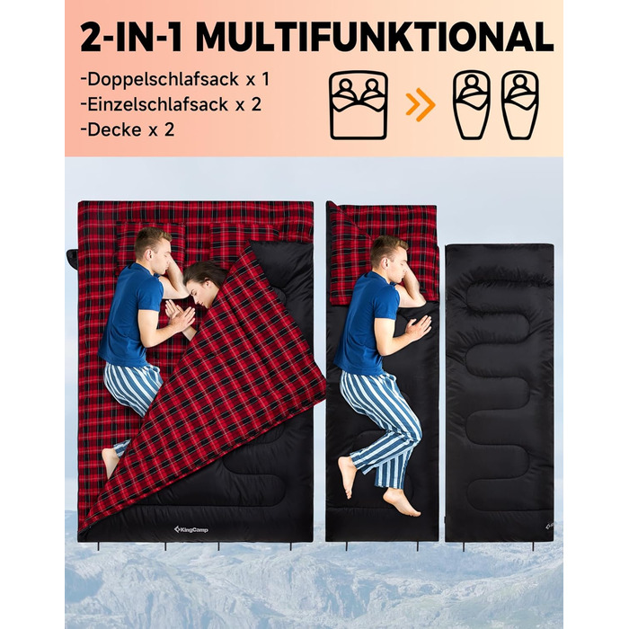 Спальний мішок KingCamp на 2 особи з фланнелю для зими, 3-4 сезони, з подушками, для кемпінгу та відпочинку на природі (чорний)
