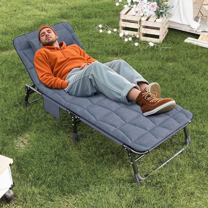 Розкладне шезлонг з регульованою спинкою в 4 положеннях, портативний багатофункціональний лежак для кемпінгу, саду, басейну, патіо - блакитний, з м'яким матрацом та подушкою