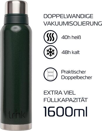 Термос trnk Outdoor polar 2, 1600 мл, нержавіюча сталь, BPA-free, з 2 чашками, зберігає тепло 40 годин, для напоїв, зелений, для туризму, можна мити в посудомийній машині