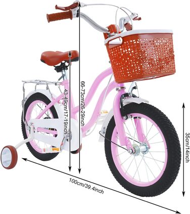 Дитячий велосипед 14 дюймів Retro стиль з додатковими колесами, заднім сидінням, кошиком, регульованою висотою. Підходить для дітей 3-7 років, рожевий.