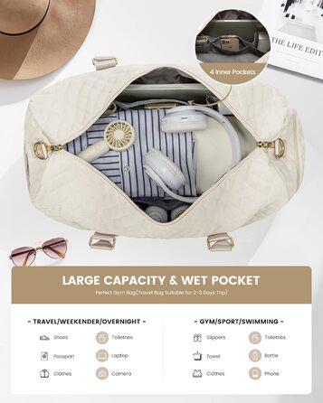 LOVEVOOK Дорожня спортивна сумка 45L для жінок, водонепроникна сумка для подорожей, пологового будинку, з косметичкою, відділенням для взуття та вологих речей, ручна поклажа для залу, літака, беж