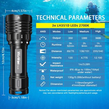 Ліхтар під водою Wurkkos DL30 - водонепроникний дайвінг-ліхтар, 3600 люмен, 2700K, 90CRI, IPX-8, для дайвінгу