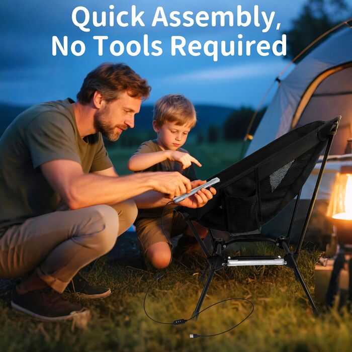 Складний туристичний стілець BeLeEv з кишенями, чорний. Легкий, компактний для кемпінгу, риболовлі, відпочинку на природі.