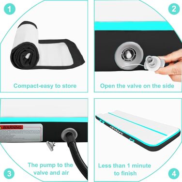 Надувний гімнастичний мат для акробатики та tumbling (6м x 1м x 10см) з електронасосом, зелений/чорний