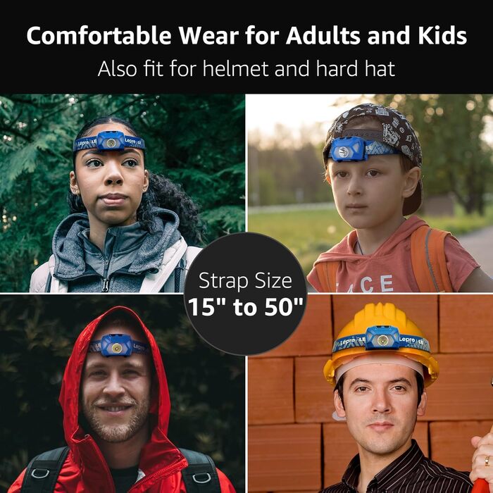 Ліхтар налобний LED Lepro, набір 2 шт., 6 режимів, водонепроникний, для велосипеда, бігу, кемпінгу, дітей та дорослих (Блакитний)