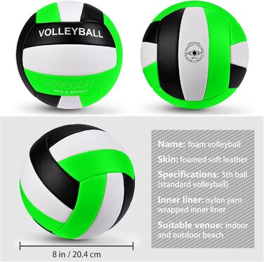 Волейбольний м'яч Dakapal 5, для гри в приміщенні та на вулиці, м'який, для початківців, підлітків та дорослих (без насоса), колір зелений