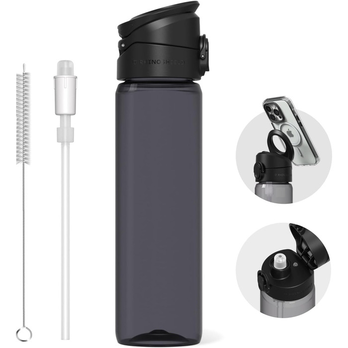 Пляшка для води RhinoShield AquaStand 800 мл, магнітна, Tritan, зі зручною ручкою MagSafe, трубочкою, спортивна, з підставкою, регульований кут, не протікає, чорна